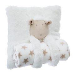 Σετ κουβέρτα αγκαλιάς & μαξιλάρι σε σχέδιο προβατάκι, 100x85cm & 30x30cm