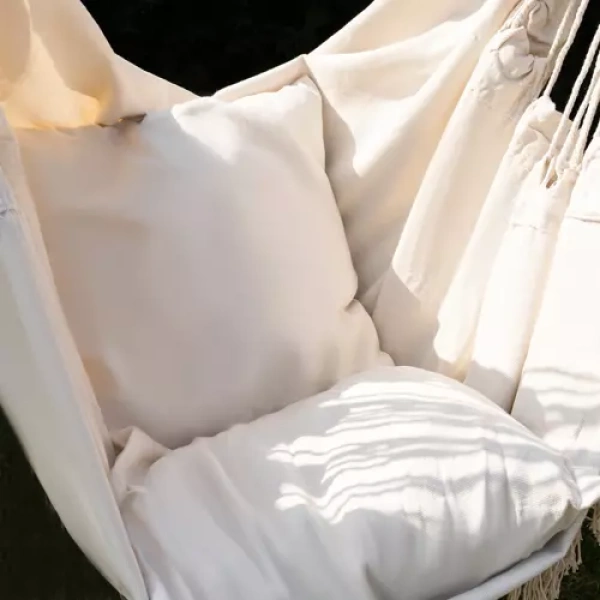 Αιώρα κάθισμα, Υφασμάτινη πολυθρόνα κούνια μονή, με μαξιλάρια, σε μπεζ χρώμα, 125x97x130 cm