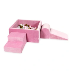 Kidkii Σετ Παιδική χαρά Velvet - Τετράγωνη μπαλοπισίνα με μπάλες, σκαλοπάτια και σφήνα, Pink